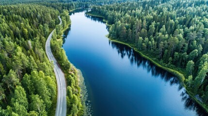 Aerial view of road between green summer forest and blue lake in Finland Lapland - obrazy, fototapety, plakaty
