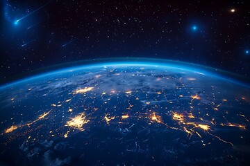 Obraz premium A nighttime image of the Earth from space, featuring the sun, the lights of every nation on Earth, and the idea of a galaxy and space.