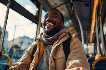 Low angle view of happy man riding in a bus. Copy space
