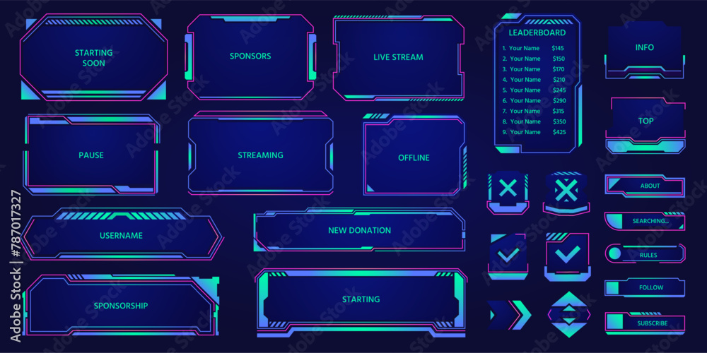 Wall mural game stream hud overlay. futuristic cyber broadcast layout elements, digital streaming panel with we