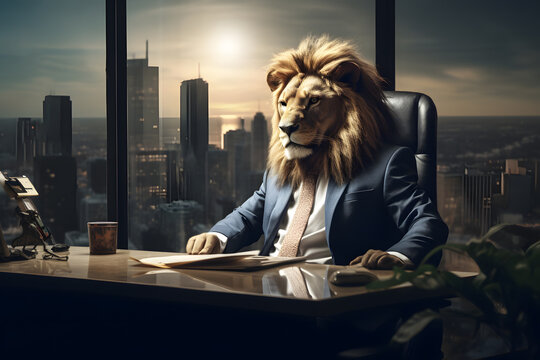 Lion businessman in suit sitting at the desk in office with city view
