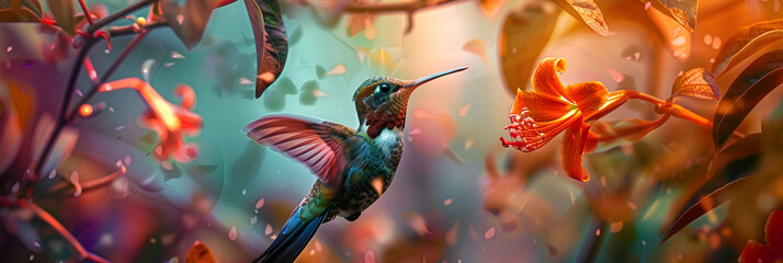 Swarm of hummingbirds feeding on nectar from exotic flowers in a secluded jungle oasis.
