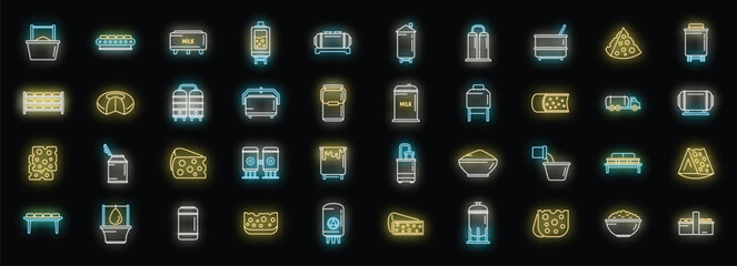 Cheese production icons set outline vector. Milk food. Making butter neon color on black