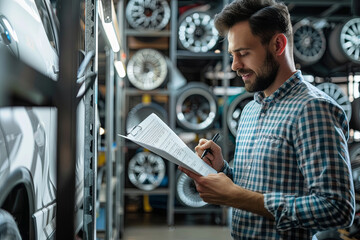 male salesman in auto shop making notes, checking the document and examining characteristics, looking at rack with auto rims
