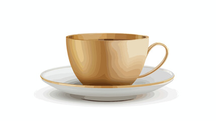 Gold coffee cup on saucer on a white background. flat