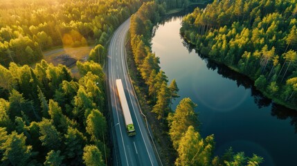 Aerial view of semi truck with cargo trailer on road curve at lake shore with green pine forest. Transportation background. Beautiful nature landscape at sunset in Republic of Karelia, Russia - obrazy, fototapety, plakaty