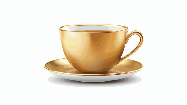 Gold coffee cup on saucer on a white background. flat