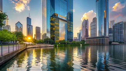 Picture the grandeur of a contemporary city with towering reflective skyscraper business office...