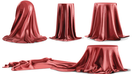 Red fabric covers on objects with drapery set vector illustration