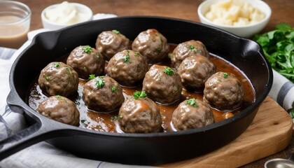 Swedish meatballs cooked in a cast iron pan - obrazy, fototapety, plakaty