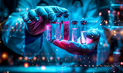 Scientist with Medical Test Tubes Hologram Banner DNA Genome Sequencing Virology Pharmaceutical Biotech Research