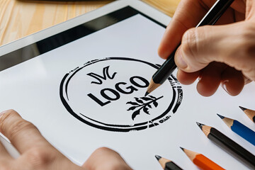logo design brand designer sketch graphic drawing creative creativity draw studying work tablet concept - stock image , with writing " LOGO "
