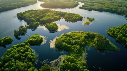 Aerial view of the system of lakes with islands - obrazy, fototapety, plakaty