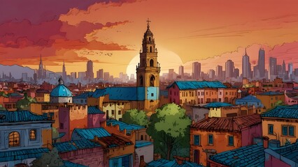 A vibrant illustration of a cityscape filled with diverse cultures and unique architecture