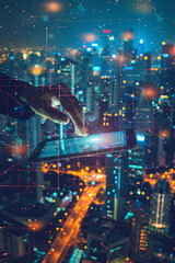 Digital technology, Business network connection, Teamwork, Deal, Partnership and data exchange, Investment analysis, planning and strategy. Businessman working with digital device on smart city
