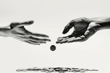 Vertical collage illustration of two human arms black white effect hold give money coins isolated...
