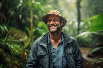 Portrait of a smiling man in his 40s sporting a rugged denim jacket over lush tropical rainforest