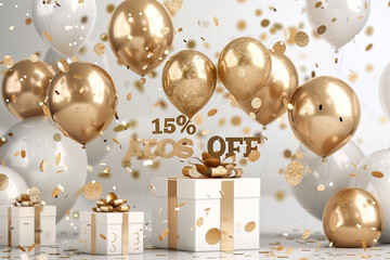 15 off discount promotion sale. Gold balloons with confetti and gift box. 3d Illustration , with writing 