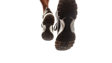 Underneath view of running shoes in mid-air, highlighting the sole tread, against a white background.
