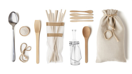 Assorted eco-friendly kitchen utensils and containers neatly arranged on a white background.