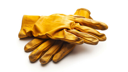 A pair of used yellow leather work gloves isolated on a white background.