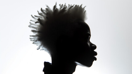 Silhouette of a person with an afro hairstyle profiled against a bright background.