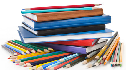 Stack of colorful books with a scattering of colored pencils around them on a white background.
