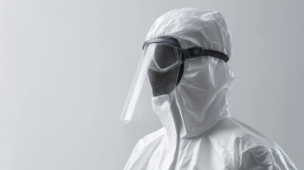 Person in protective hazmat suit with a face shield, against a grey background, suggesting a sterile environment or a medical scenario.