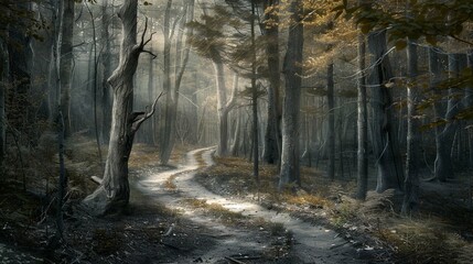 A winding forest trail disappearing into the depths of the woods.