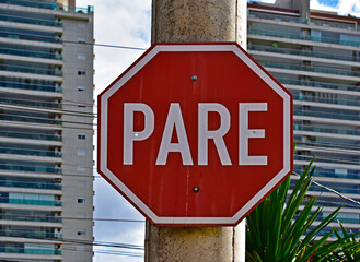 Street sign indicating STOP, Ribeirao Preto, Sao Paulo, Brazil