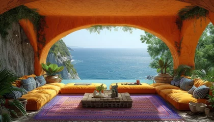  large outdoor living room with furnishings and ocean views, in a traditional Mexican style © May