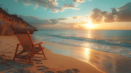 a beach chair positioned on the sandy coastline, bathed in the warm glow of the sun, creating a tranquil atmosphere, in stunning 8k full ultra HD.