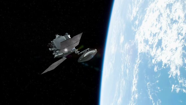 Military Satellite Flying Over Planet Earth. Majestic Scene. Technology And Space Related 3D Animation.