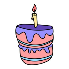 Cartoon cake in doodle style. Birthday cake hand drawn illustration. Vector isolated on white background.