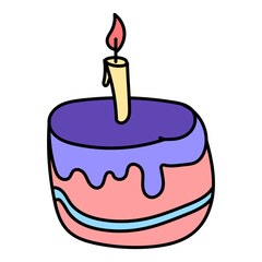 Cartoon cake in doodle style. Birthday cake hand drawn illustration. Vector isolated on white background.