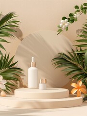 Fototapeta premium Cosmetic bottle with tropical leaf and shadows is on the podium. Mock up for advertising cosmetic and medical products