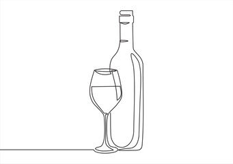 Wine bottle and wine glass drawing with one continuous line. One continuous line of a bottle and wine glass. Vector illustration.