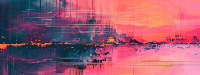 A background with a glitch effect, featuring distorted shapes and fragmented lines, resembling a corrupted digital image. - obrazy, fototapety, plakaty