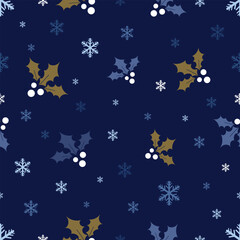 Vector seamless pattern of Christmas holly berries and Snow flakes Texture. Ornamental Christmas Decorations Seamless Pattern. can be used for prints, background backdrop with snow fall landscape.