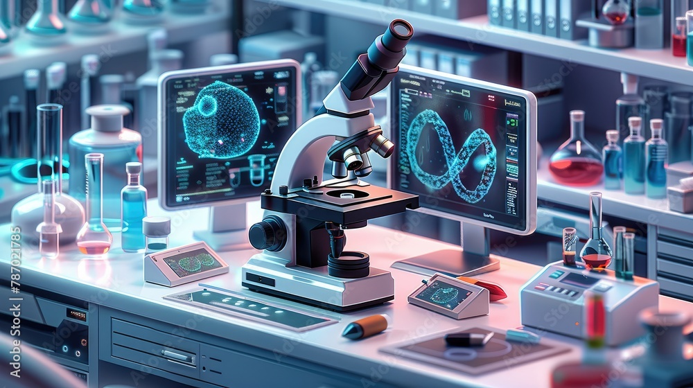 Poster A laboratory of the future. There is a microscope, a computer, and other scientific equipment. The microscope is being used to examine a sample of DNA. Vector illustration style. Generative AI.