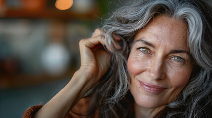 A smiling mature woman with gray hair.