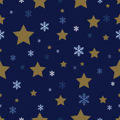 Vector seamless pattern of Christmas Stars and Snow flakes Texture. Ornamental Christmas Decorations Seamless Pattern. can be used for prints, background backdrop with snow fall landscape.