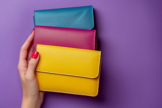Colourful bags purses on purple background. Woman hand with red manicured nails holding wallet
