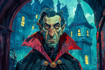 Fototapeta premium Cartoon Caricature of a Vampire. Generated Image. A digital illustration of a cartoon caricature of a vampire at night.