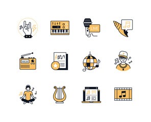 Musical styles and sound - line design style icons set with editable stroke. Rock, synthesizer, live performance and recording, radio, disco, rap, meditation tunes, harp and film voice-over idea