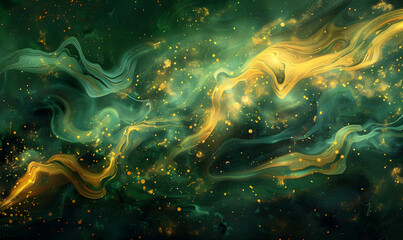 Fototapeta premium glowing green and yellow marble pattern with swirls of light on a dark background, Generative AI