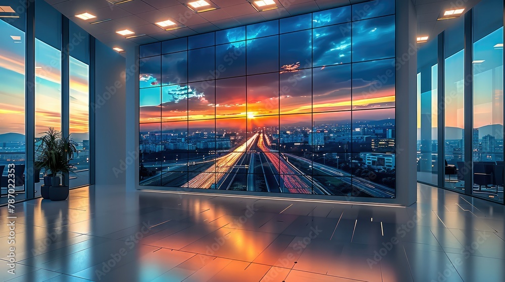 Aufkleber A large digital wall screen in an office displayed a road in the background, The big LED display with a white frame around the edges. Generative AI.