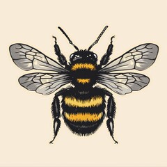A detailed drawing of a bee with its wings spread. - obrazy, fototapety, plakaty