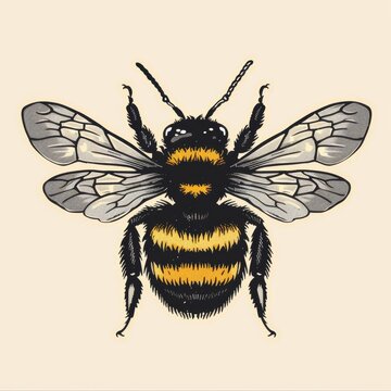 A detailed drawing of a bee with its wings spread.
