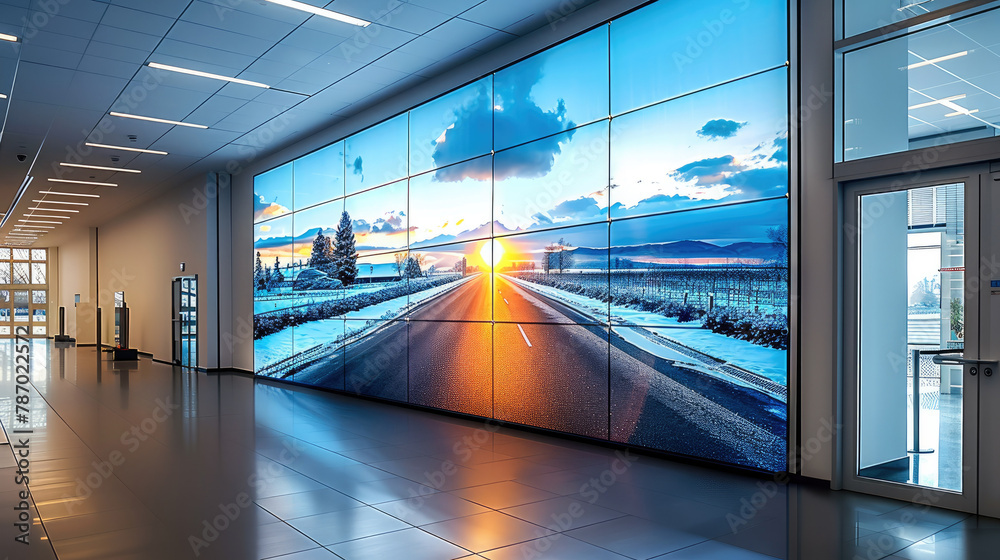Aufkleber A large digital wall screen in an office displayed a road in the background, The big LED display with a white frame around the edges. Generative AI.